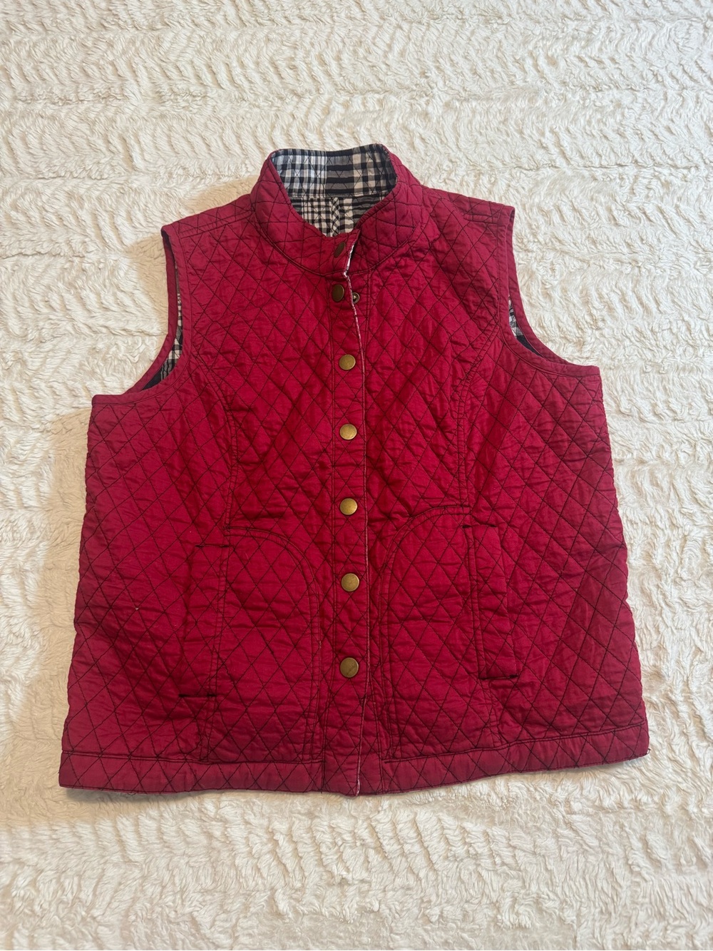 Reversible Quilted Vest Plaid & Solid Cranberry Red Snap Front Women’s M
